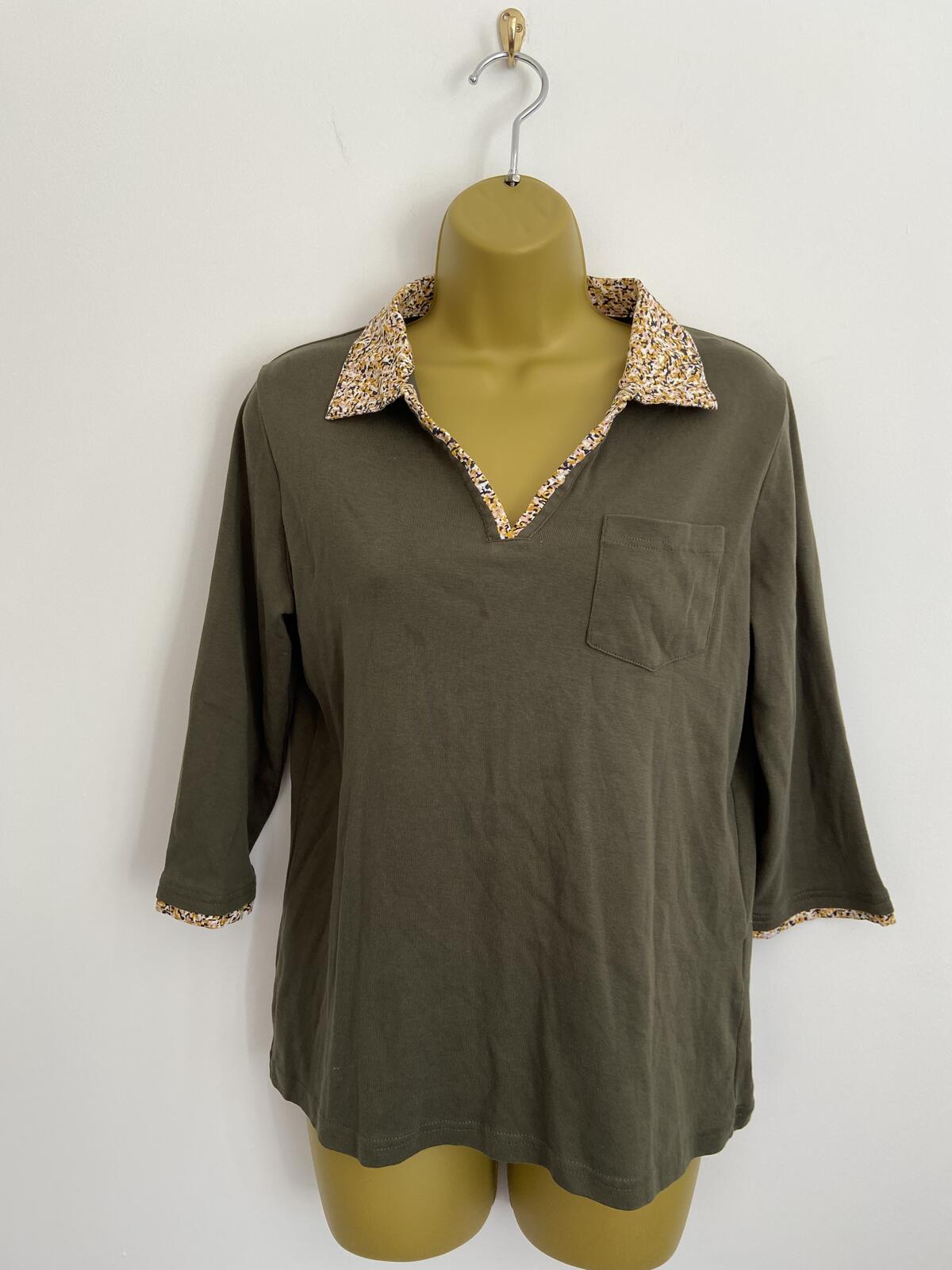 Damart Khaki Organic Cotton 3/4 Sleeve Top Floral Collar Size 14-16