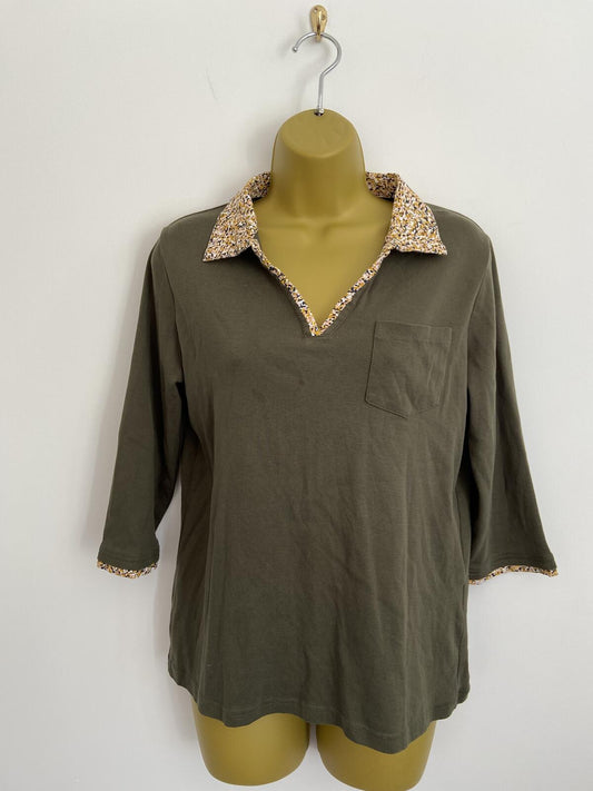 Damart Khaki Organic Cotton 3/4 Sleeve Top Floral Collar Size 14-16