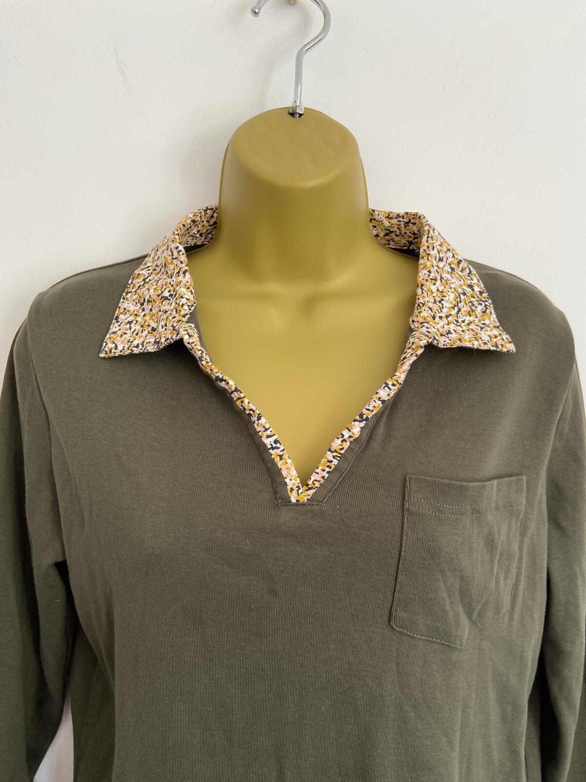 Damart Khaki Organic Cotton 3/4 Sleeve Top Floral Collar Size 14-16