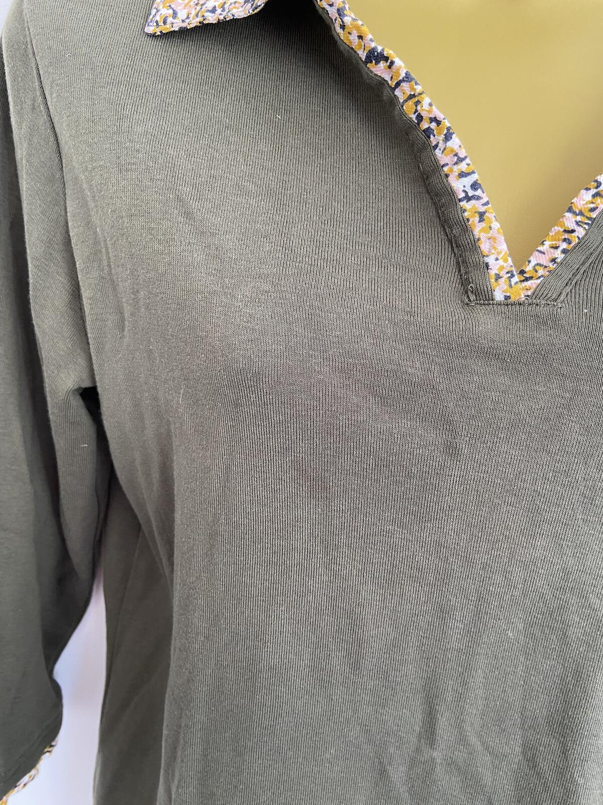 Damart Khaki Organic Cotton 3/4 Sleeve Top Floral Collar Size 14-16