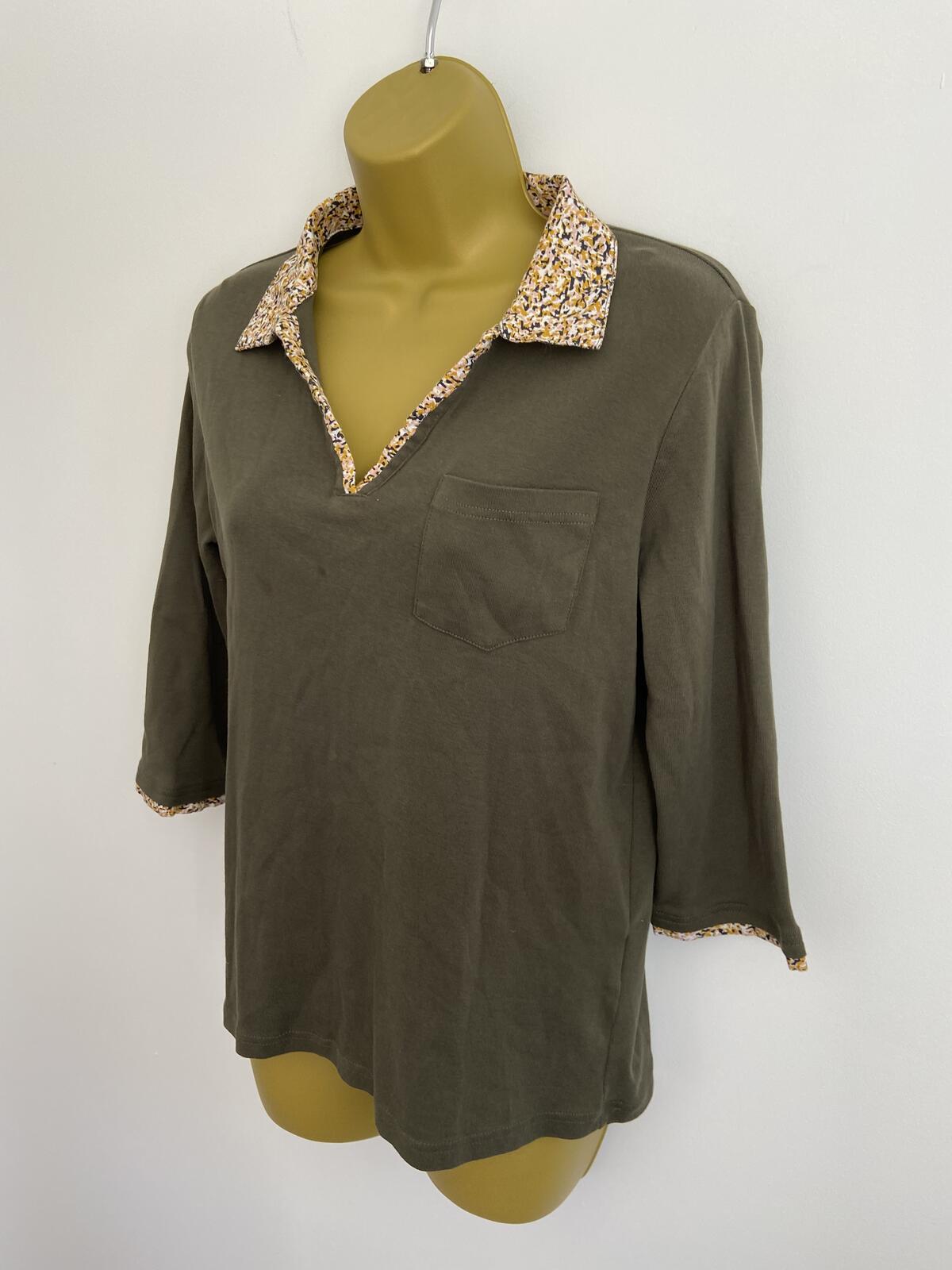 Damart Khaki Organic Cotton 3/4 Sleeve Top Floral Collar Size 14-16