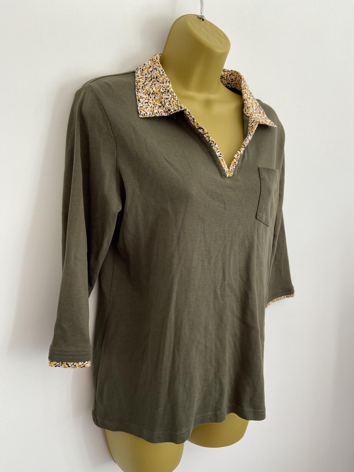 Damart Khaki Organic Cotton 3/4 Sleeve Top Floral Collar Size 14-16
