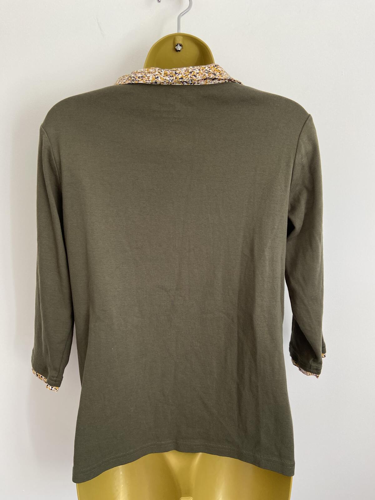 Damart Khaki Organic Cotton 3/4 Sleeve Top Floral Collar Size 14-16
