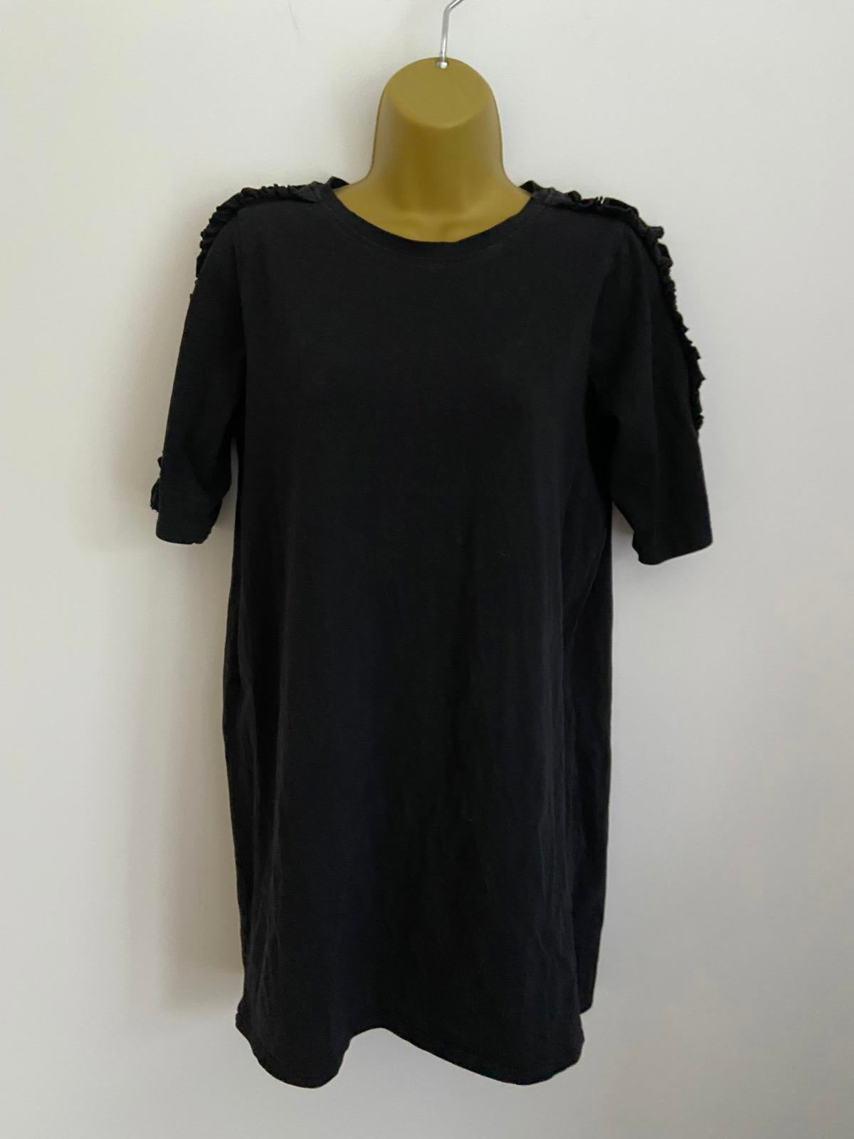 River Island Size 8 Black T-Shirt Mini Dress Ruffle Cut Out Open Shoulder Sleeve