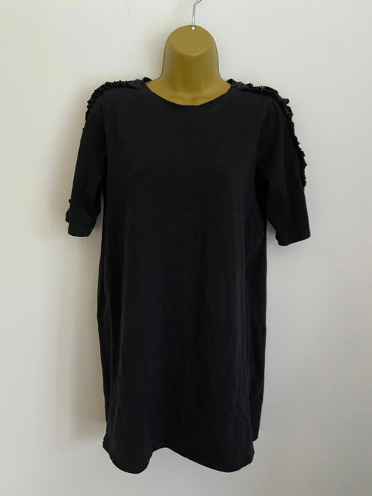 River Island Size 8 Black T-Shirt Mini Dress Ruffle Cut Out Open Shoulder Sleeve