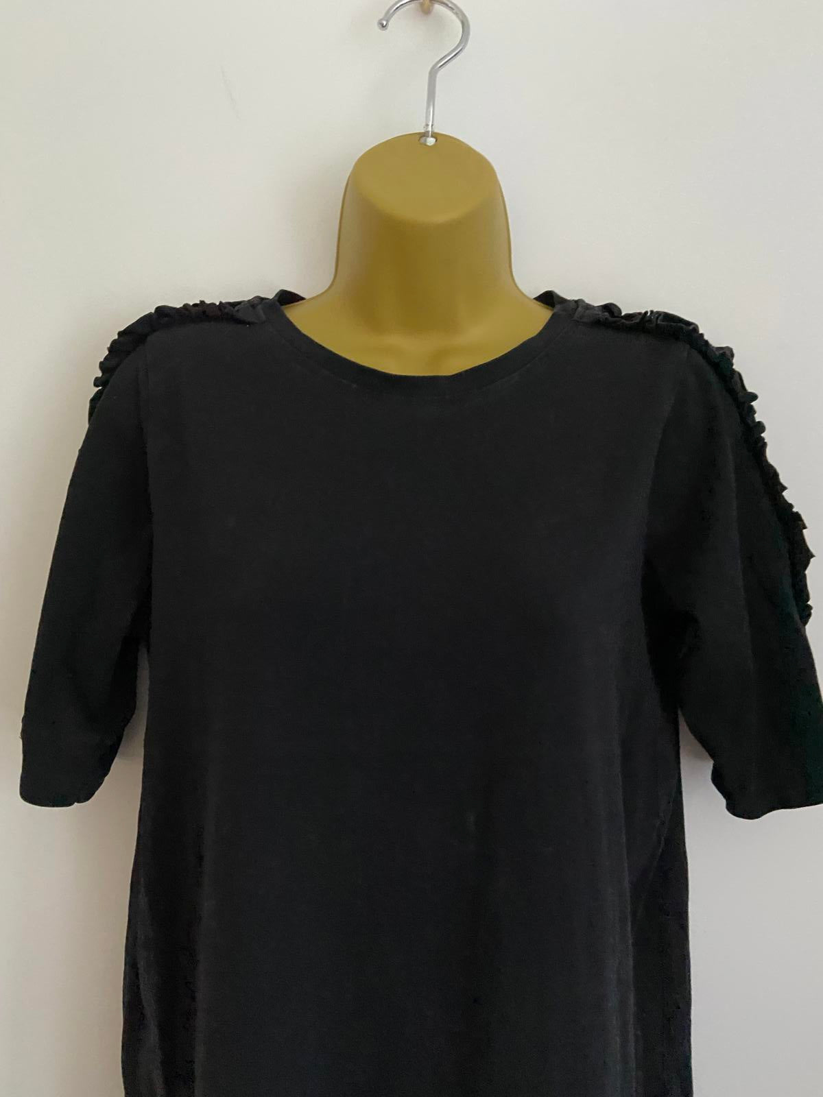 River Island Size 8 Black T-Shirt Mini Dress Ruffle Cut Out Open Shoulder Sleeve