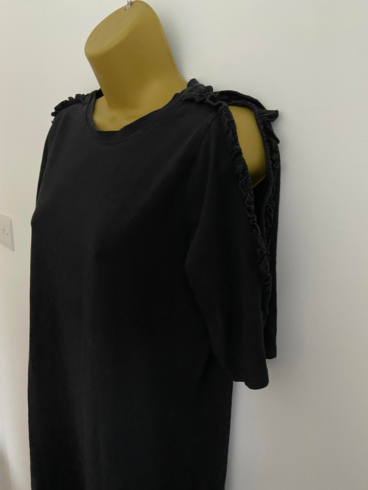 River Island Size 8 Black T-Shirt Mini Dress Ruffle Cut Out Open Shoulder Sleeve