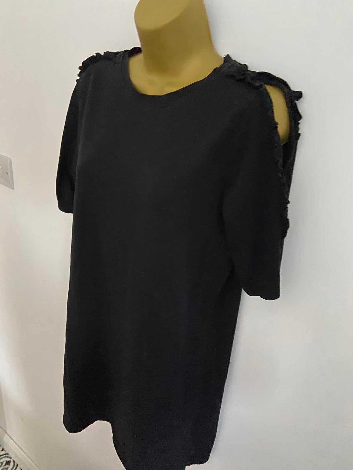 River Island Size 8 Black T-Shirt Mini Dress Ruffle Cut Out Open Shoulder Sleeve