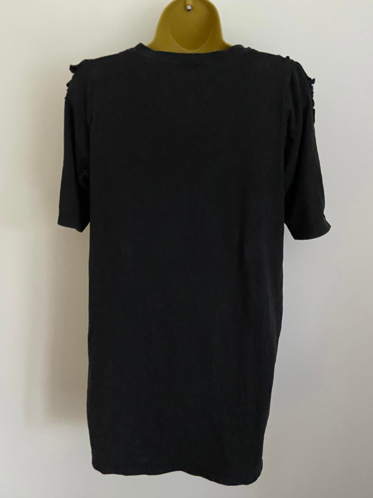River Island Size 8 Black T-Shirt Mini Dress Ruffle Cut Out Open Shoulder Sleeve