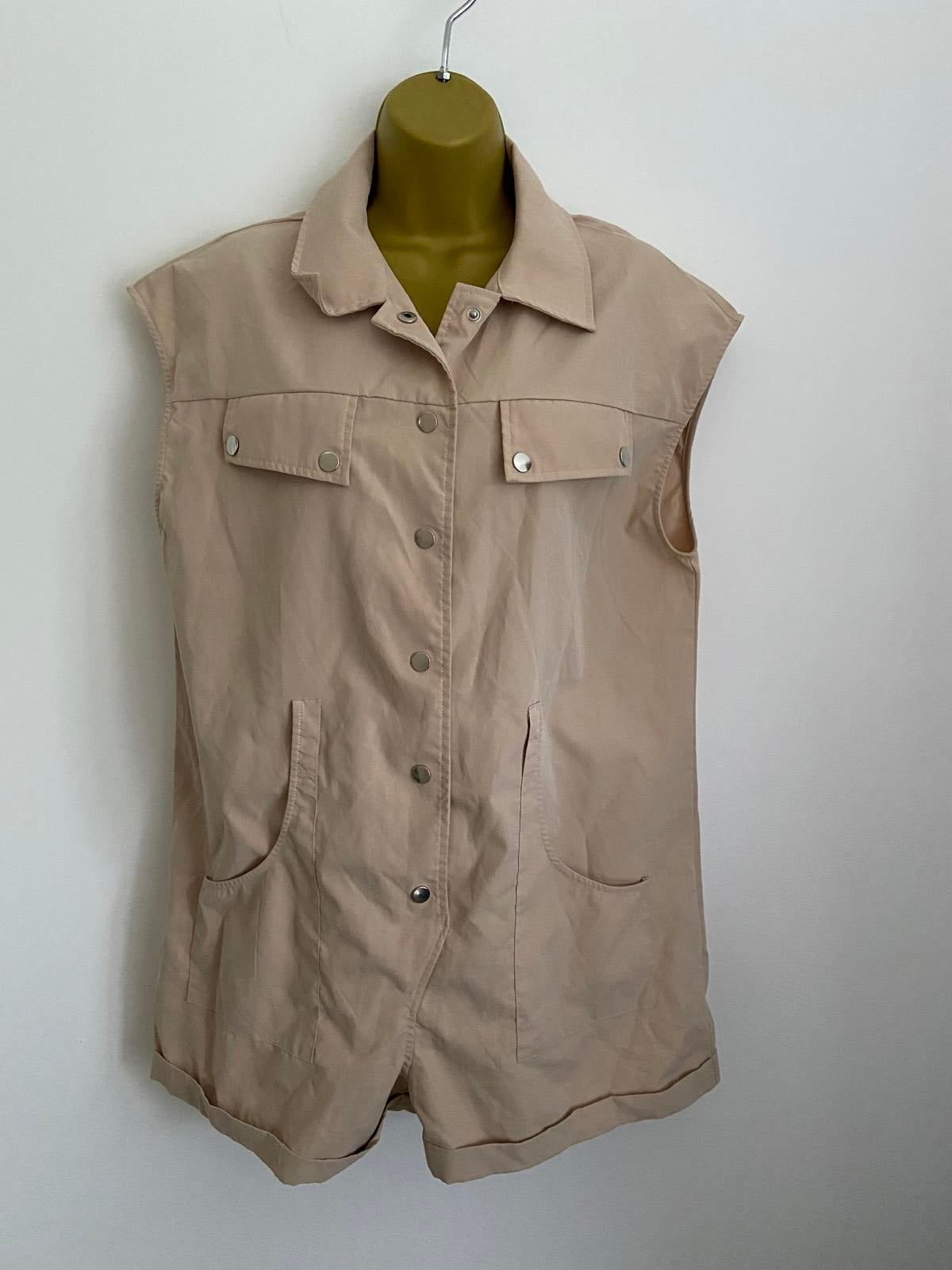Sollinarry Size L Beige Sleeveless Playsuit Utility Cargo Romper Jumpsuit