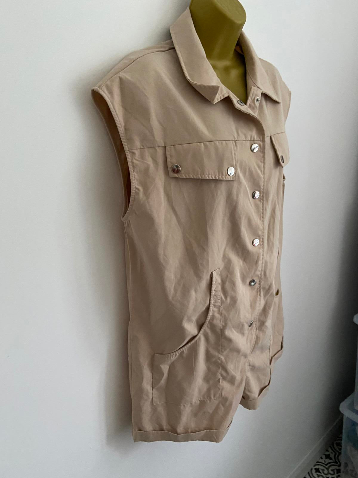 Sollinarry Size L Beige Sleeveless Playsuit Utility Cargo Romper Jumpsuit