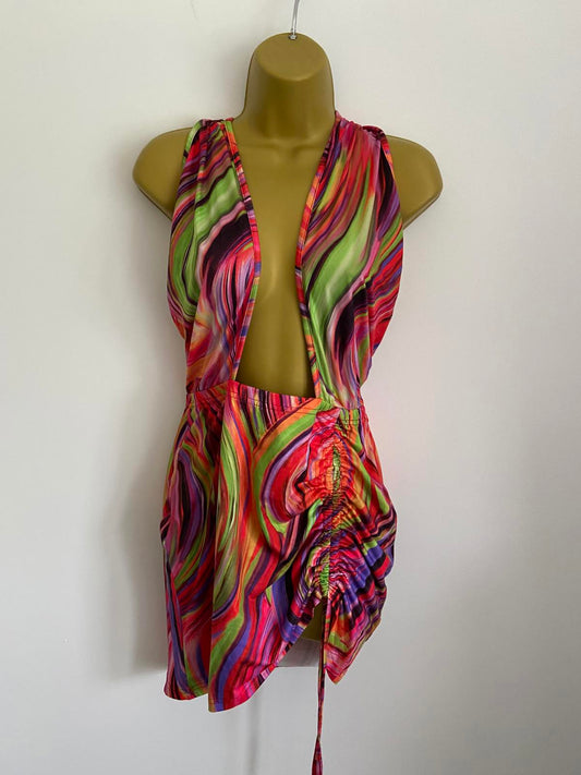 Shein Size M Multicolor Psychedelic Swirl Print Ruched Halter Mini Beach Dress