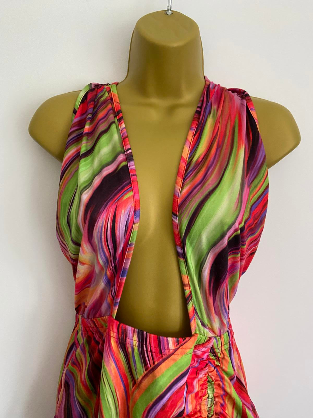 Shein Size M Multicolor Psychedelic Swirl Print Ruched Halter Mini Beach Dress