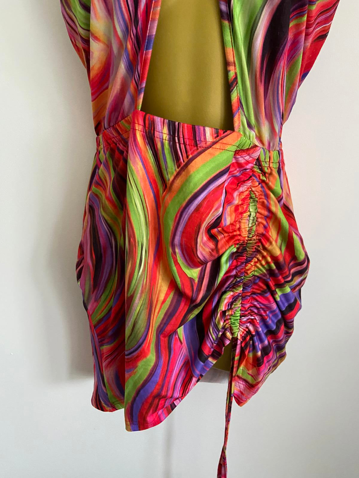 Shein Size M Multicolor Psychedelic Swirl Print Ruched Halter Mini Beach Dress