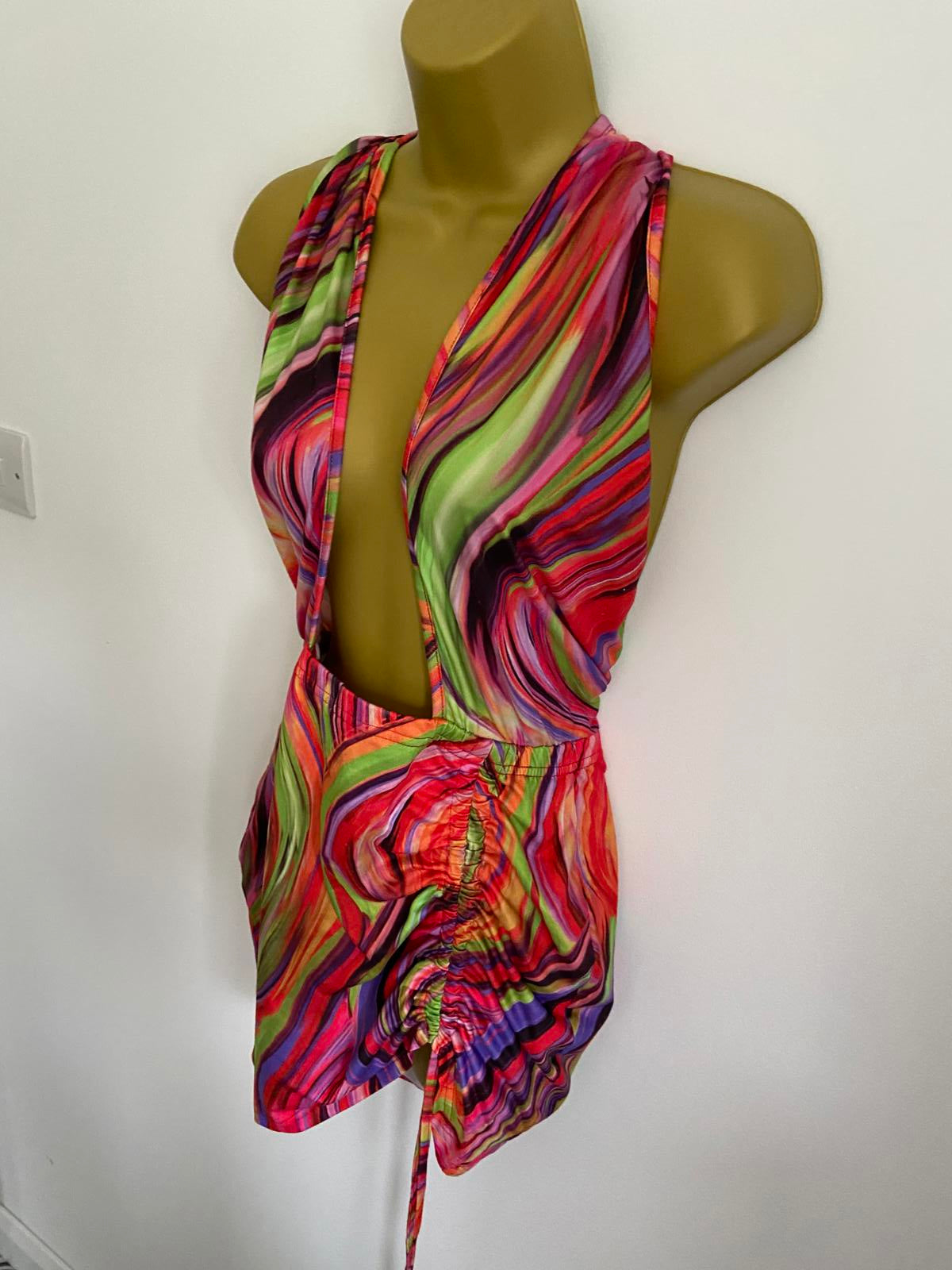 Shein Size M Multicolor Psychedelic Swirl Print Ruched Halter Mini Beach Dress