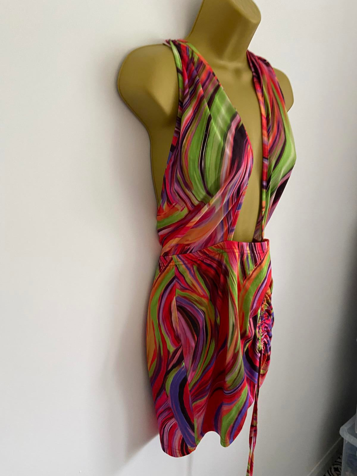 Shein Size M Multicolor Psychedelic Swirl Print Ruched Halter Mini Beach Dress