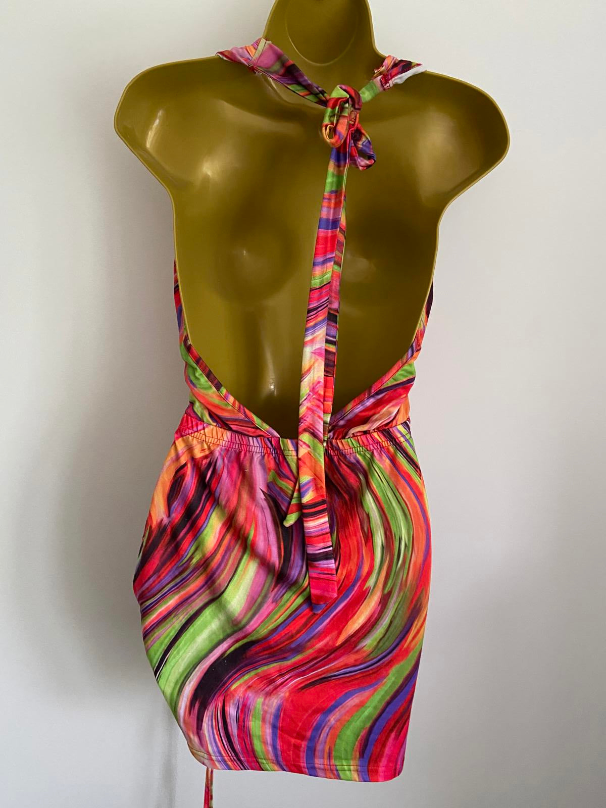 Shein Size M Multicolor Psychedelic Swirl Print Ruched Halter Mini Beach Dress