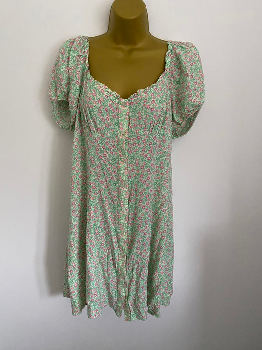 Primark Size 16 Green Floral Button Down Mini Dress Elasticated Neck & Sleeves