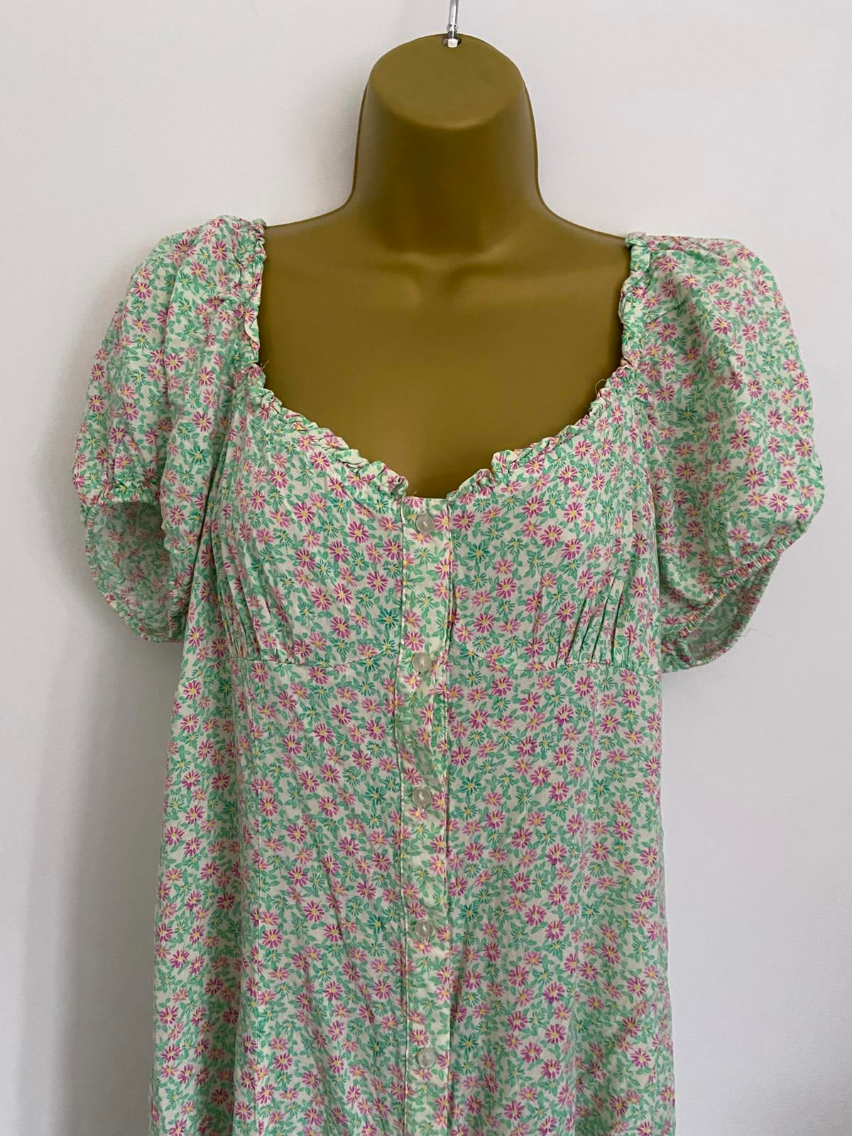 Primark Size 16 Green Floral Button Down Mini Dress Elasticated Neck & Sleeves
