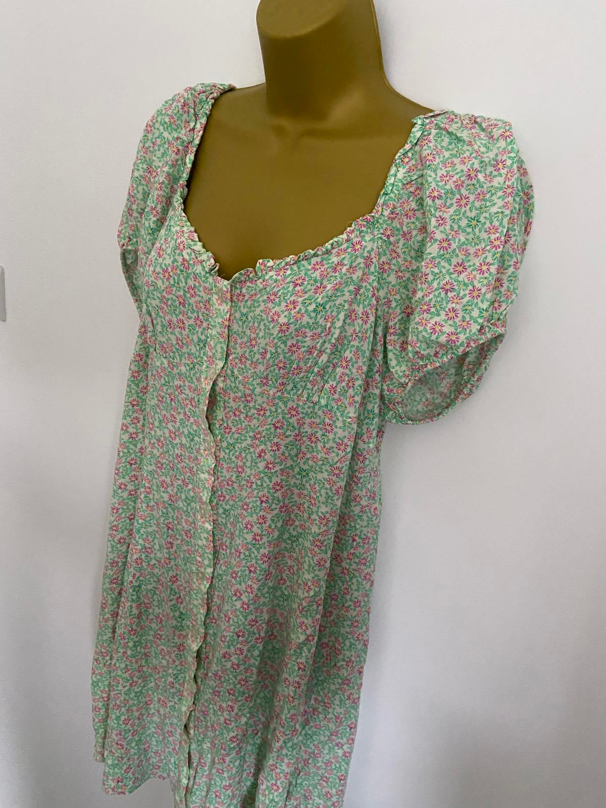 Primark Size 16 Green Floral Button Down Mini Dress Elasticated Neck & Sleeves
