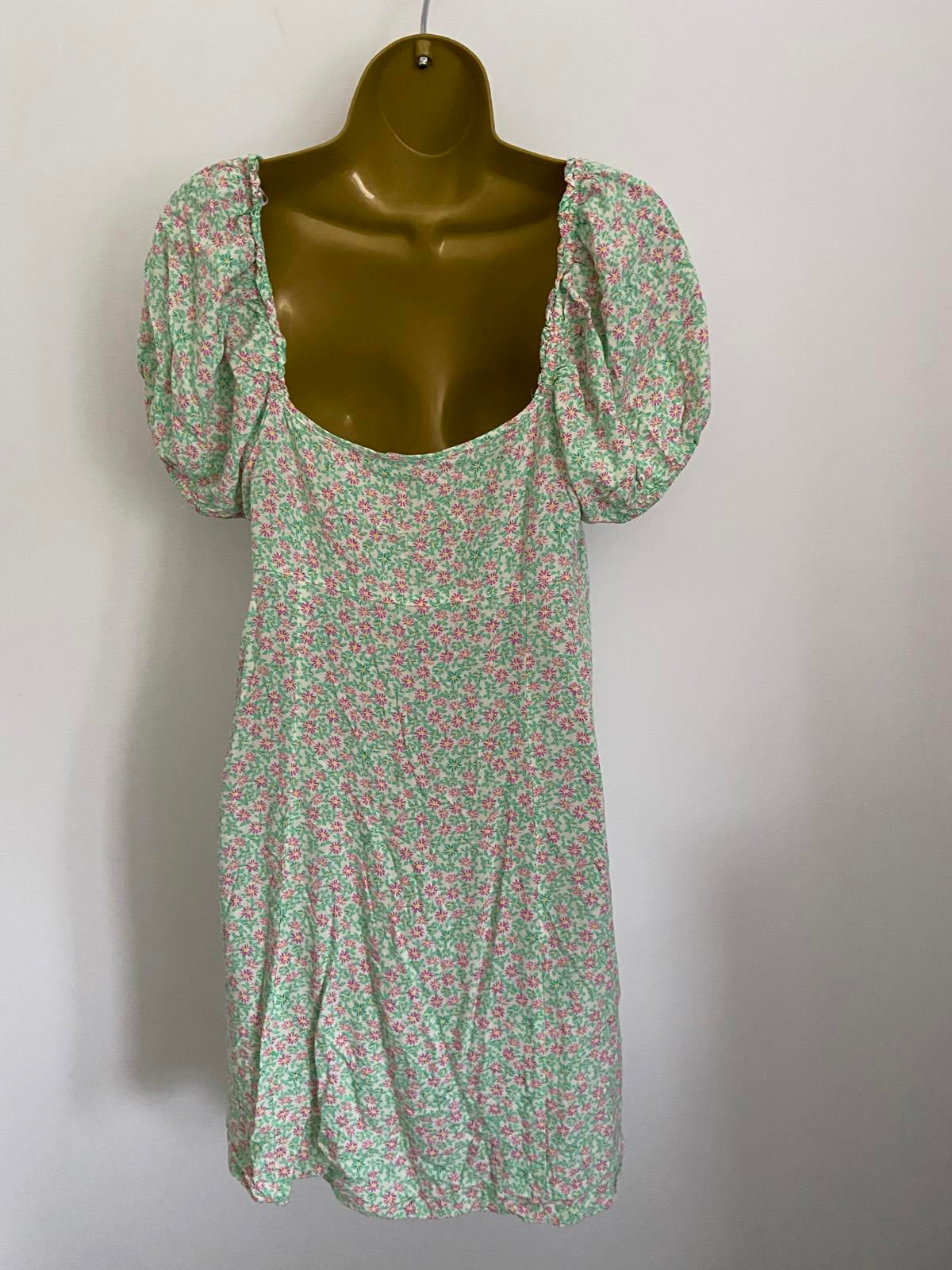 Primark Size 16 Green Floral Button Down Mini Dress Elasticated Neck & Sleeves