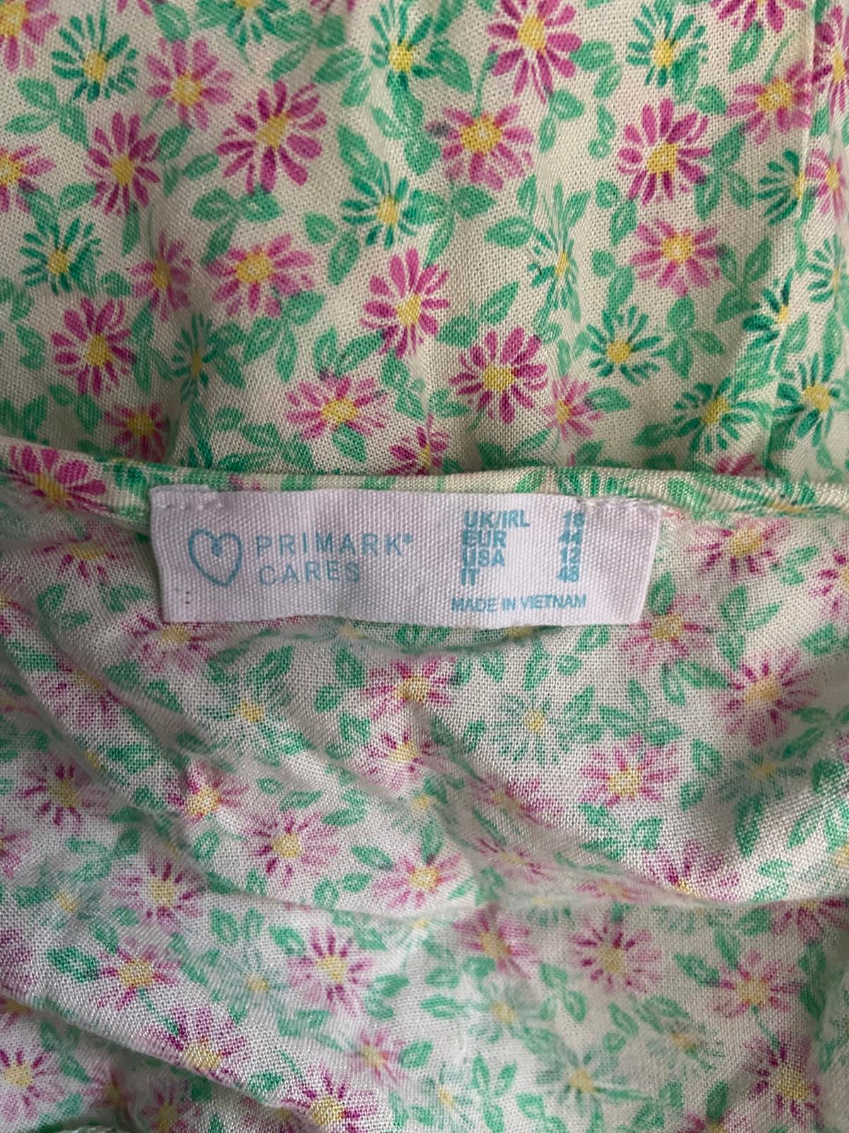 Primark Size 16 Green Floral Button Down Mini Dress Elasticated Neck & Sleeves