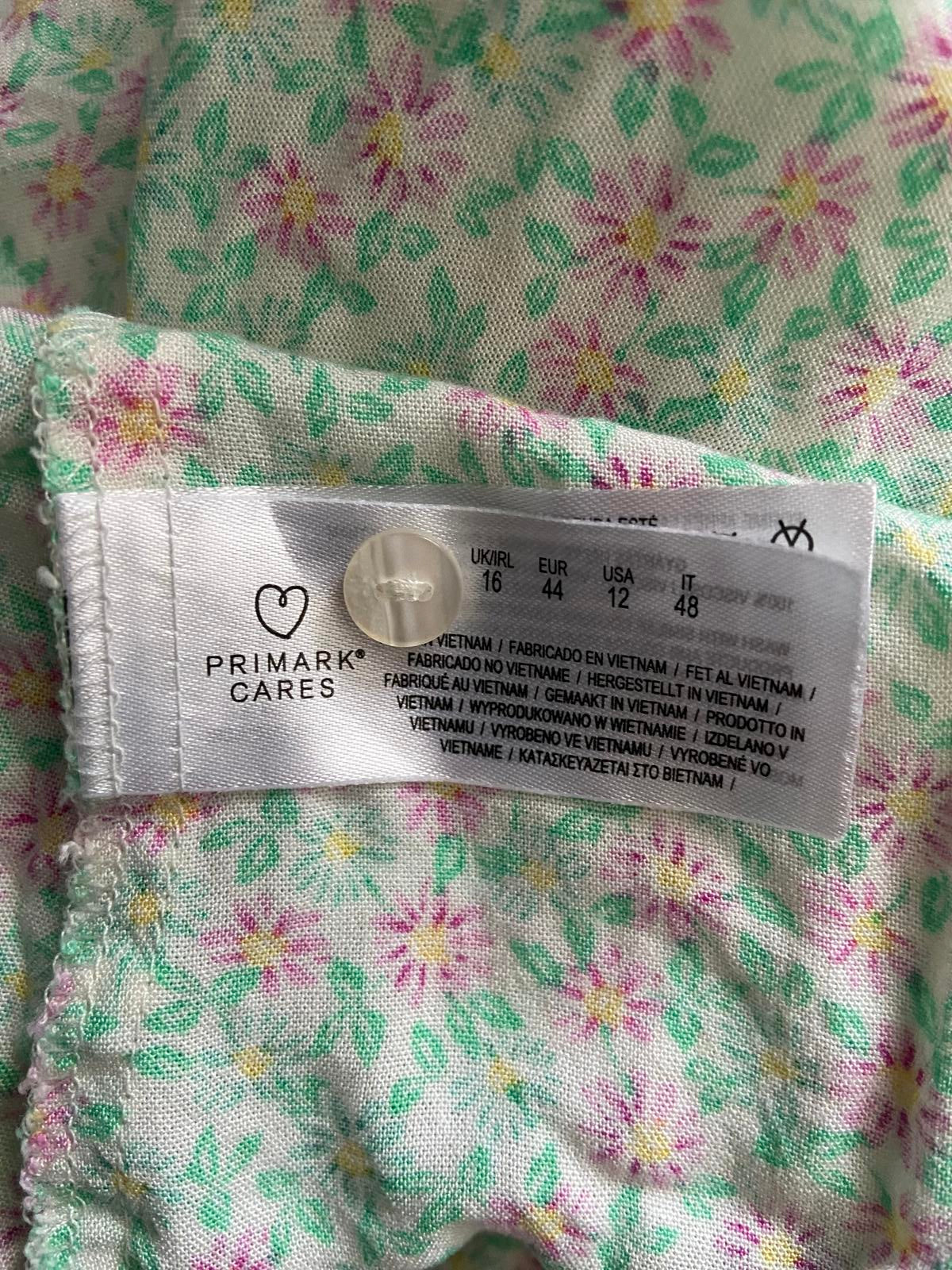 Primark Size 16 Green Floral Button Down Mini Dress Elasticated Neck & Sleeves