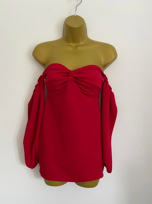 Red Boob Tube Top Crossover Front Detachable Puff Sleeves Size 8 Party