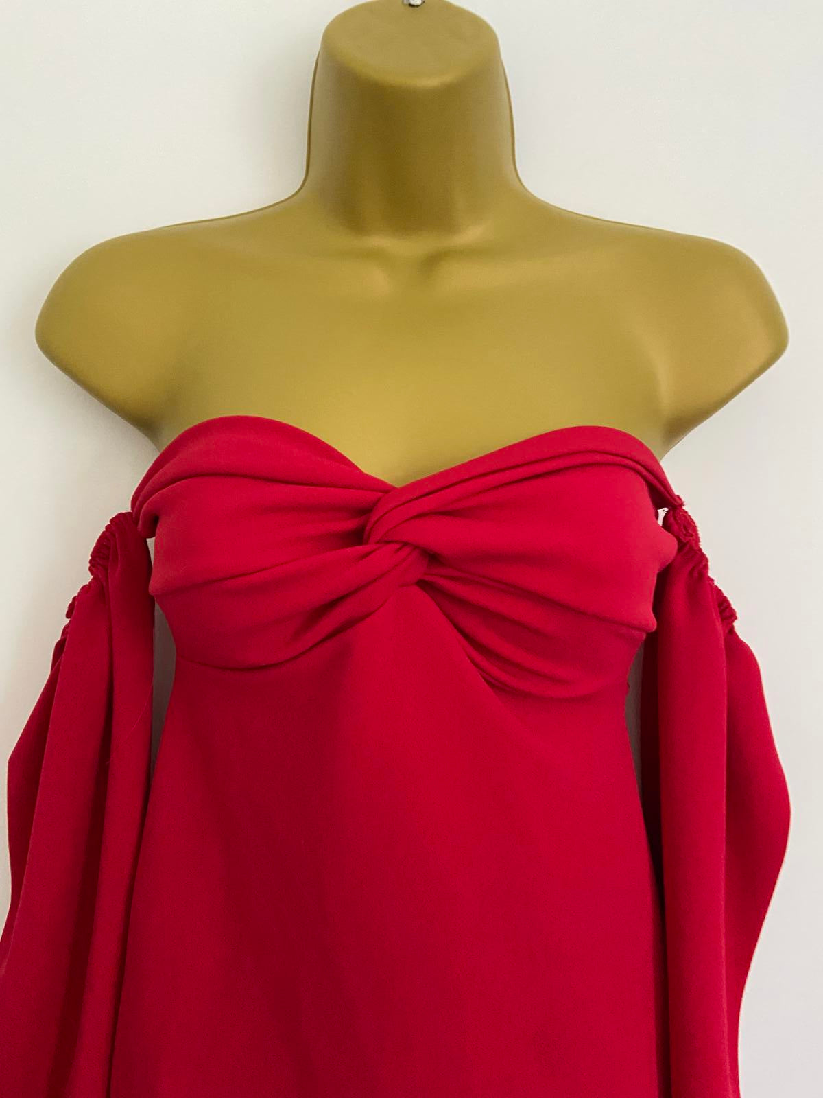 Red Boob Tube Top Crossover Front Detachable Puff Sleeves Size 8 Party