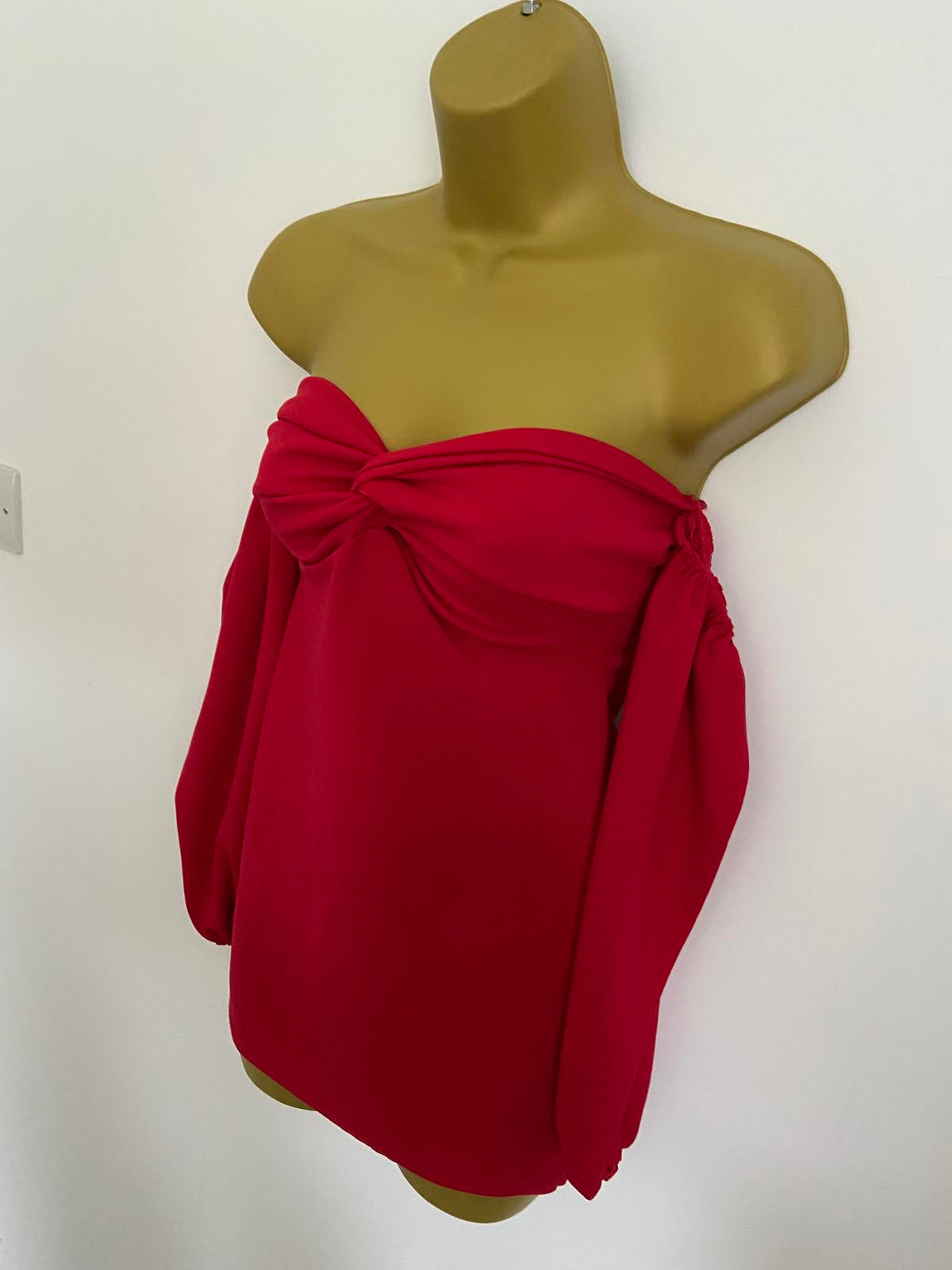 Red Boob Tube Top Crossover Front Detachable Puff Sleeves Size 8 Party