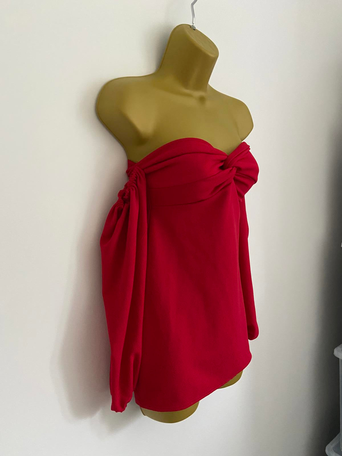 Red Boob Tube Top Crossover Front Detachable Puff Sleeves Size 8 Party
