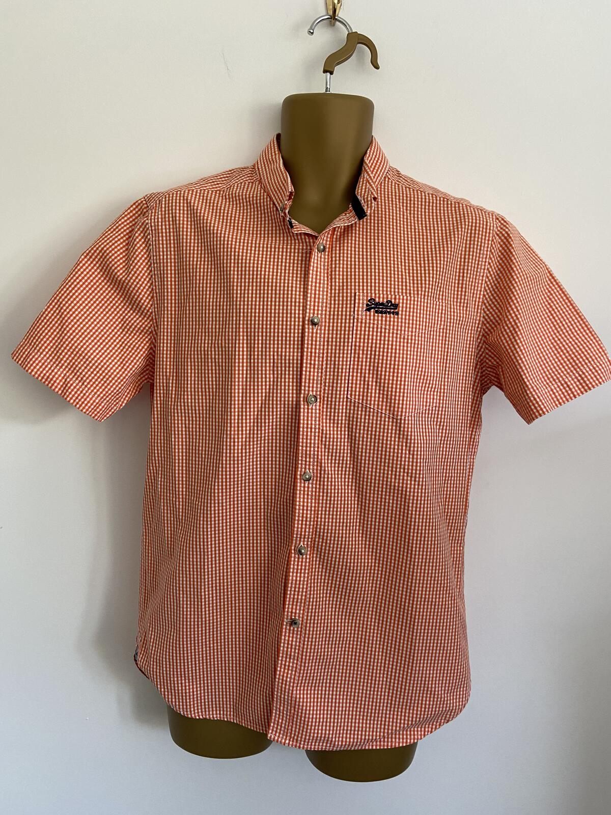 Superdry Orange Checked Short Sleeve Cotton Shirt - Size Large