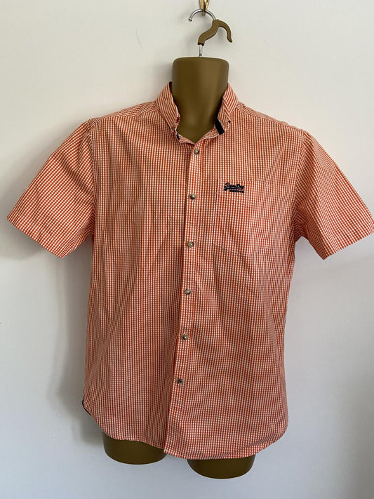 Superdry Orange Checked Short Sleeve Cotton Shirt - Size Large