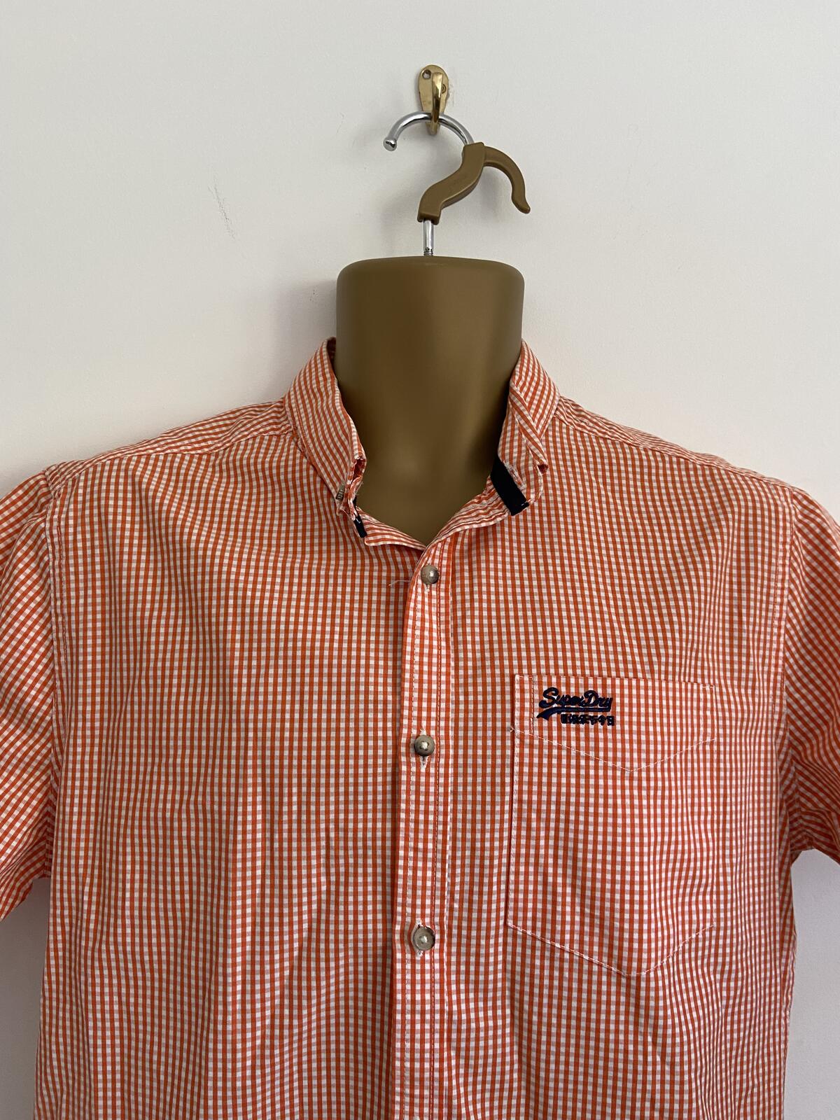 Superdry Orange Checked Short Sleeve Cotton Shirt - Size Large