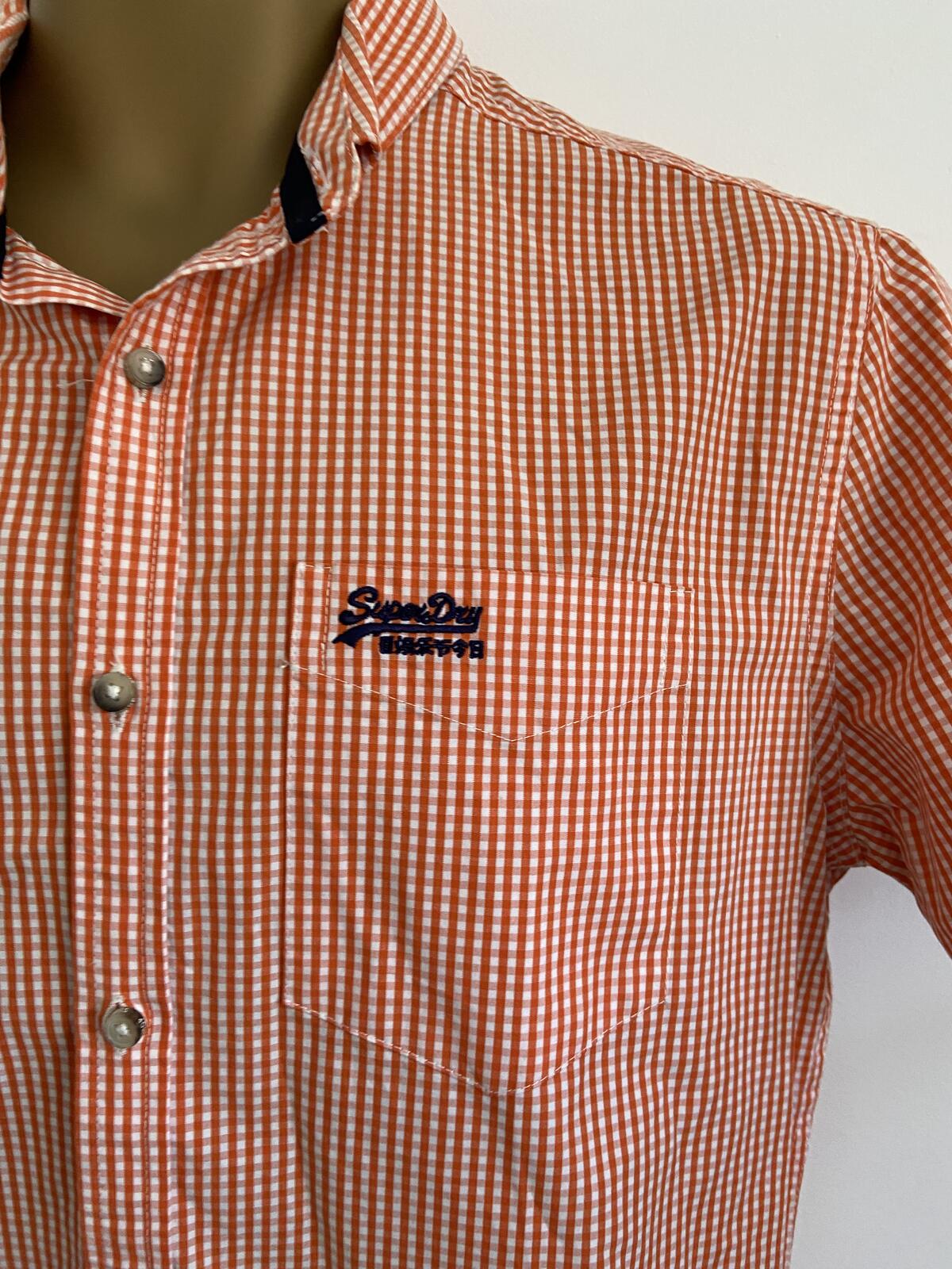 Superdry Orange Checked Short Sleeve Cotton Shirt - Size Large
