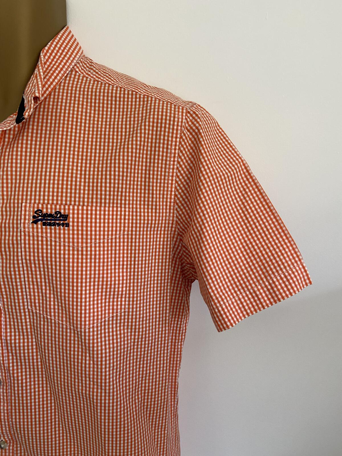 Superdry Orange Checked Short Sleeve Cotton Shirt - Size Large