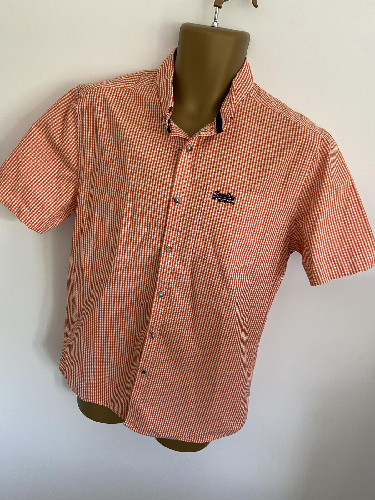 Superdry Orange Checked Short Sleeve Cotton Shirt - Size Large