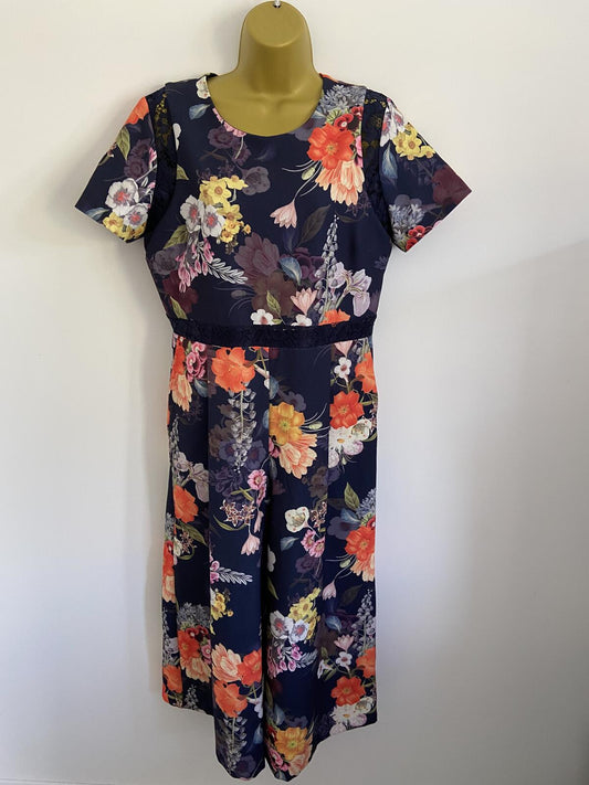 Next Navy Floral Lace Detail Jumpsuit with Pockets - Size 14