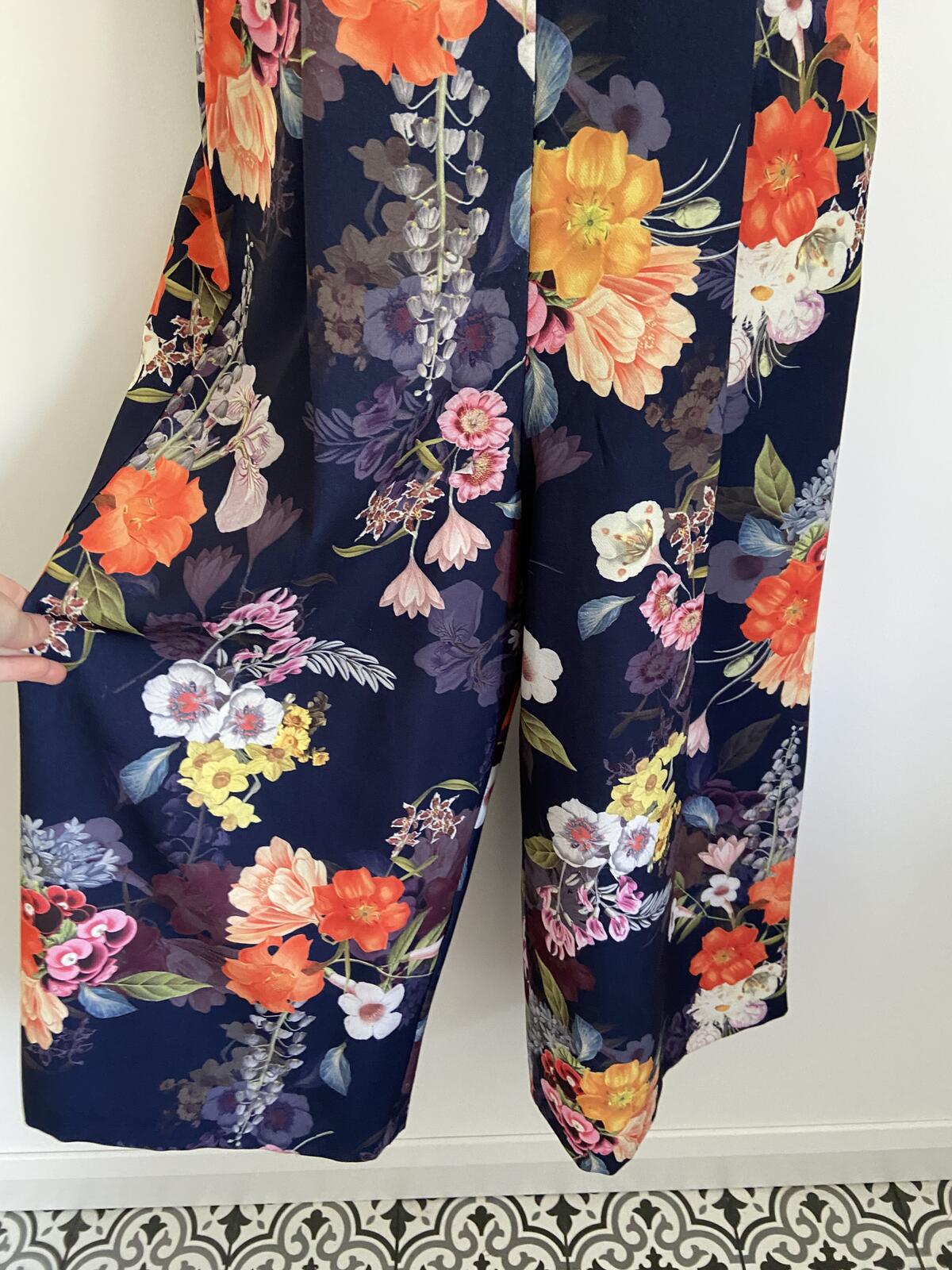 Next Navy Floral Lace Detail Jumpsuit with Pockets - Size 14