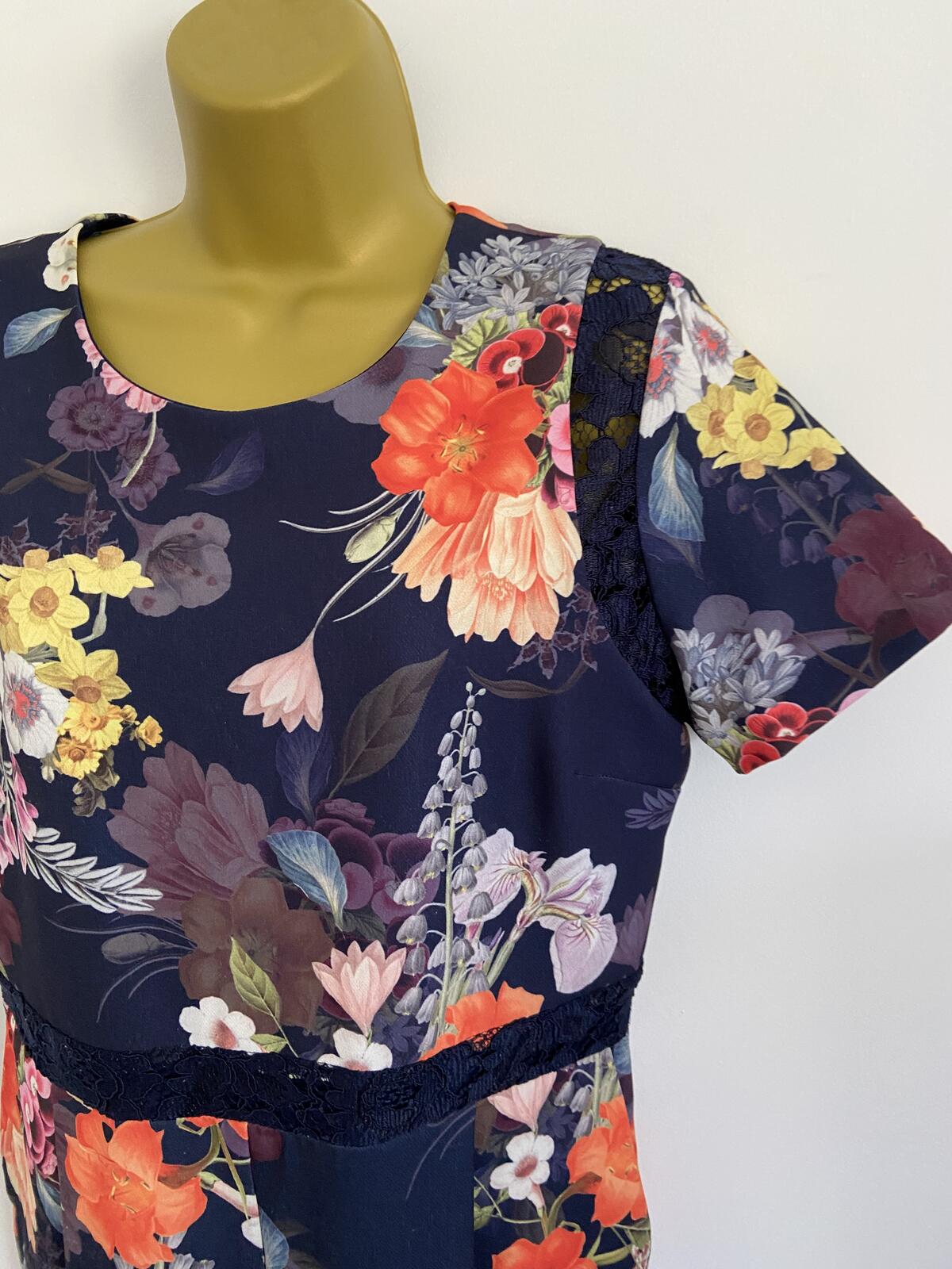 Next Navy Floral Lace Detail Jumpsuit with Pockets - Size 14