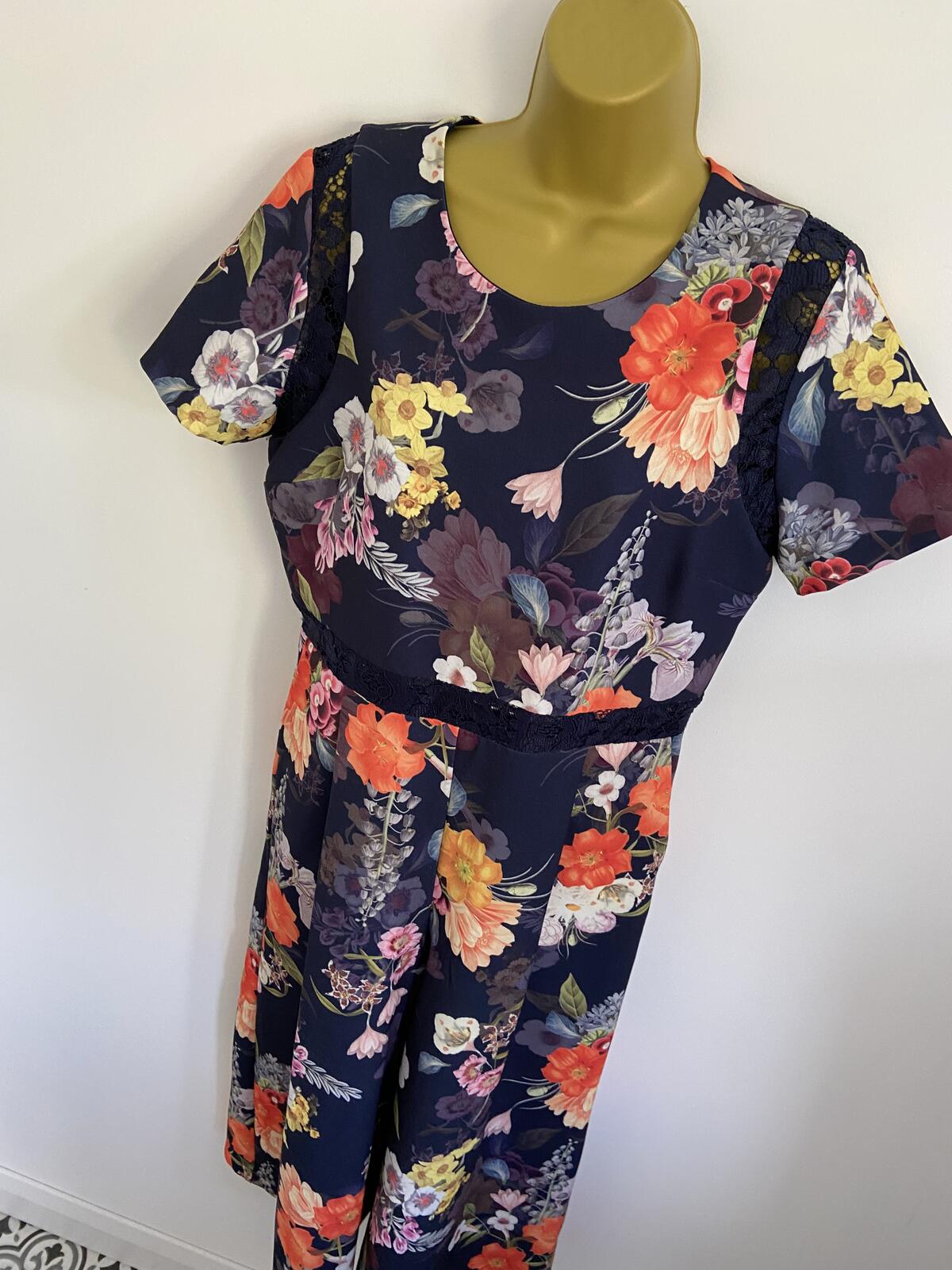 Next Navy Floral Lace Detail Jumpsuit with Pockets - Size 14