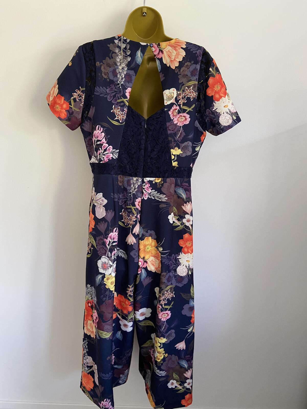 Next Navy Floral Lace Detail Jumpsuit with Pockets - Size 14