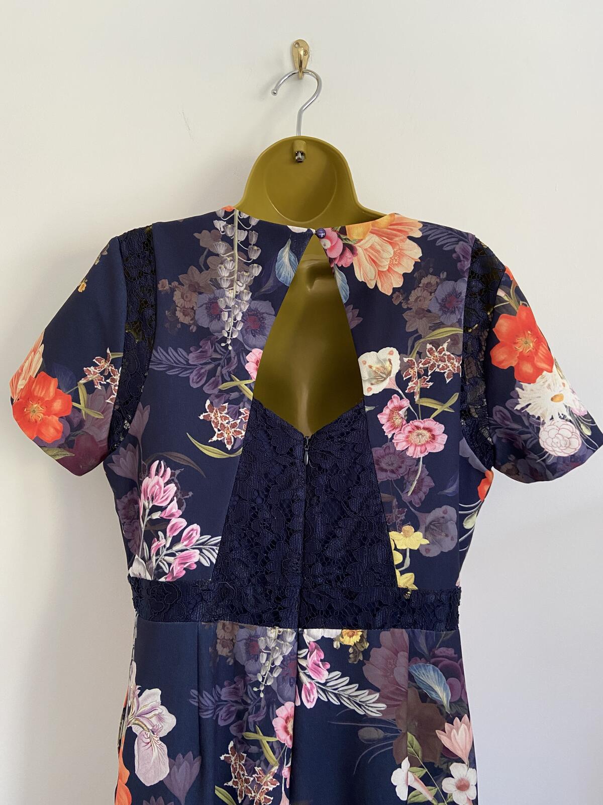 Next Navy Floral Lace Detail Jumpsuit with Pockets - Size 14