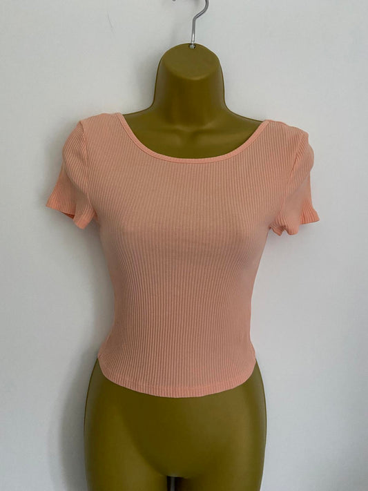 Primark Size XS Light Orange Peach Ribbed Short Sleeve Hem Scoop Neck Top