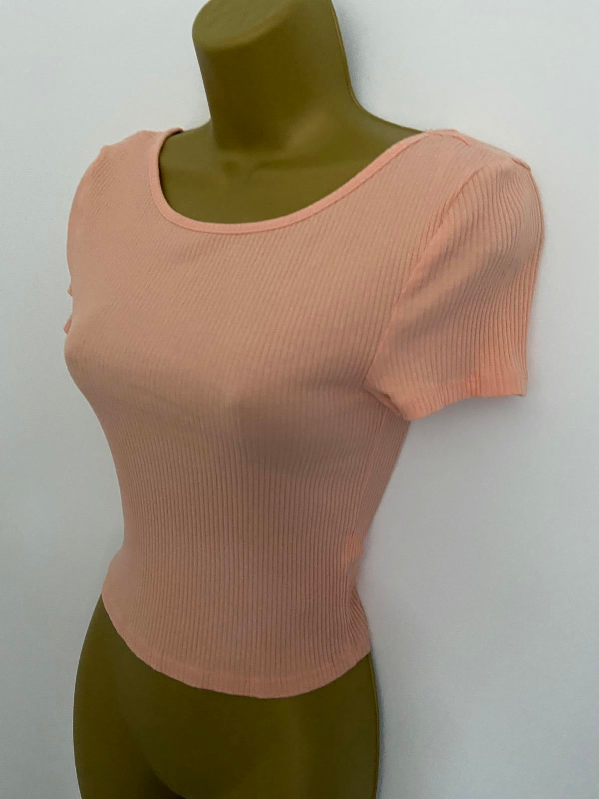 Primark Size XS Light Orange Peach Ribbed Short Sleeve Hem Scoop Neck Top