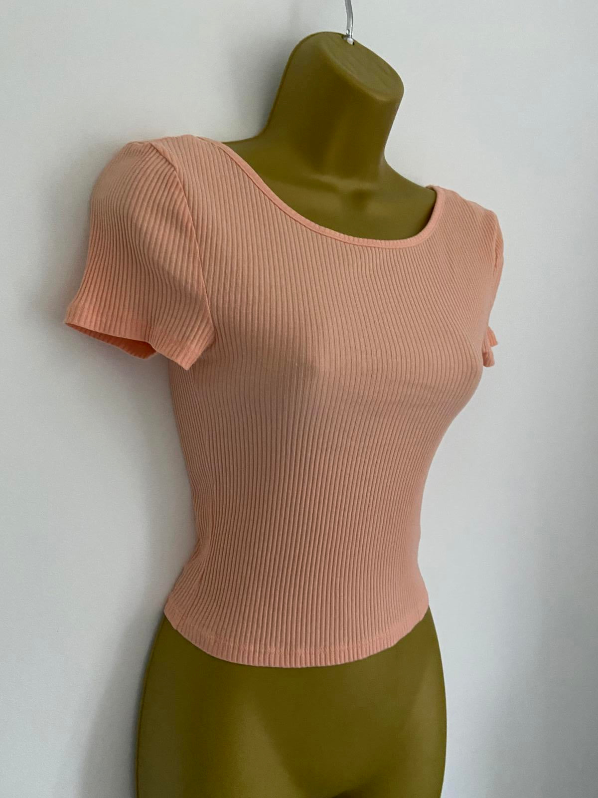 Primark Size XS Light Orange Peach Ribbed Short Sleeve Hem Scoop Neck Top