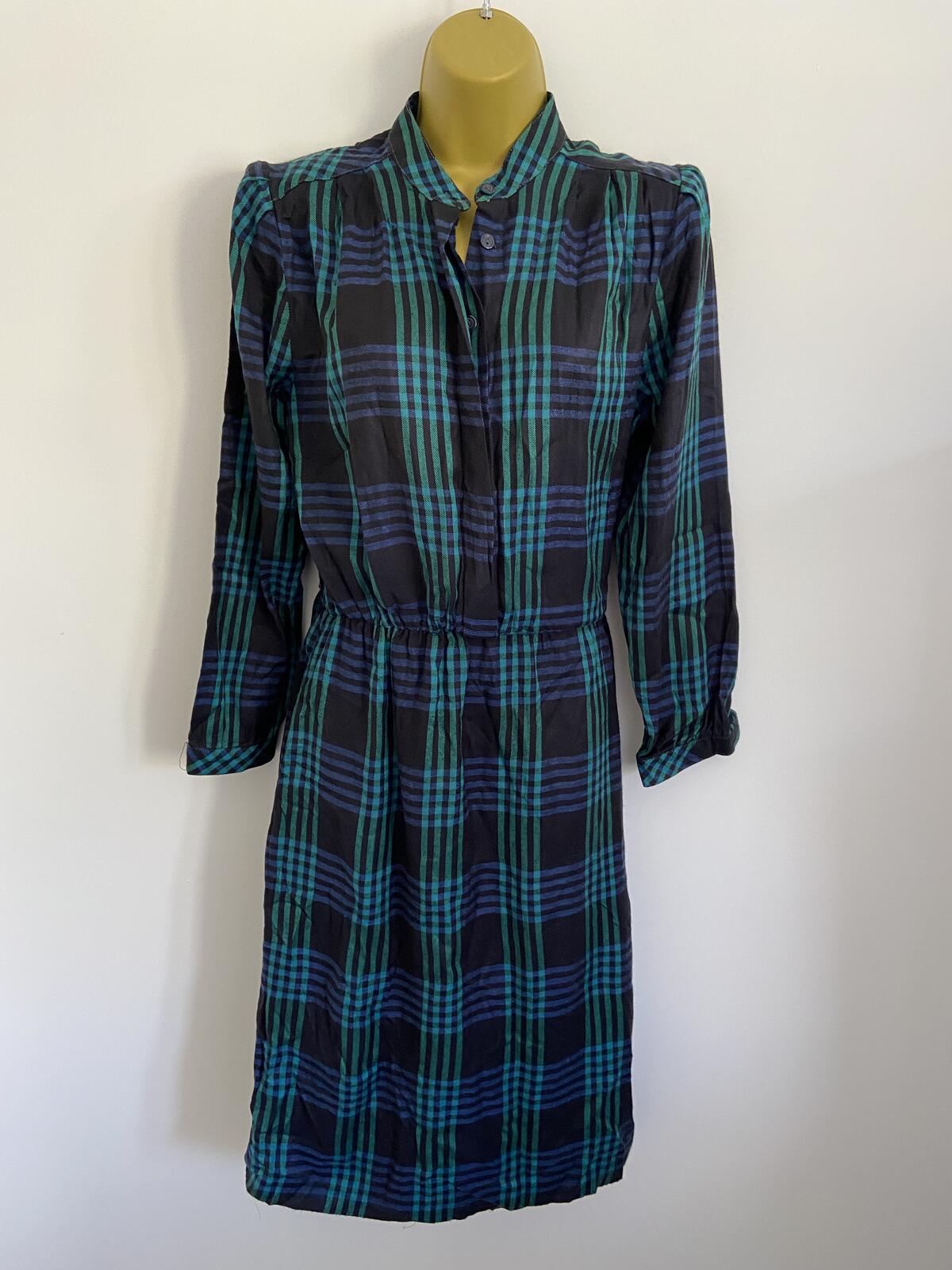 Vintage Style Blue & Green Tartan Check Shirt Dress Size 12
