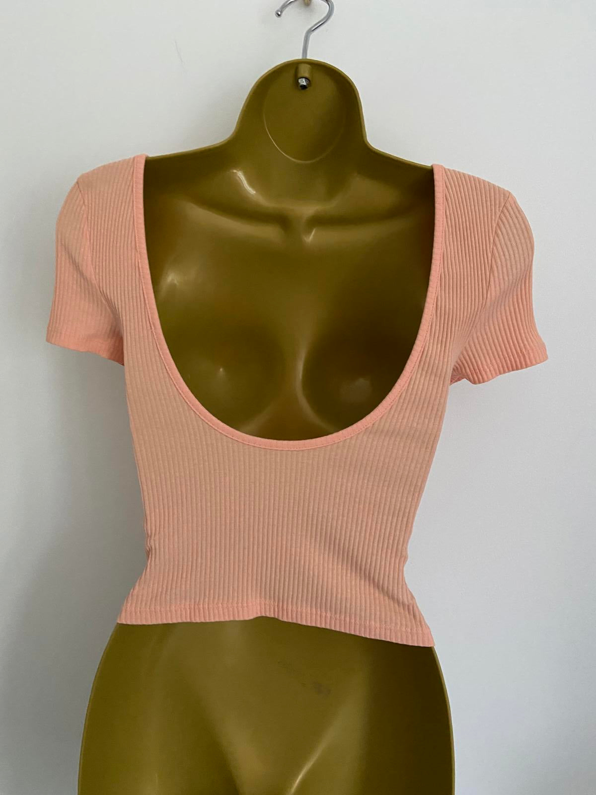Primark Size XS Light Orange Peach Ribbed Short Sleeve Hem Scoop Neck Top