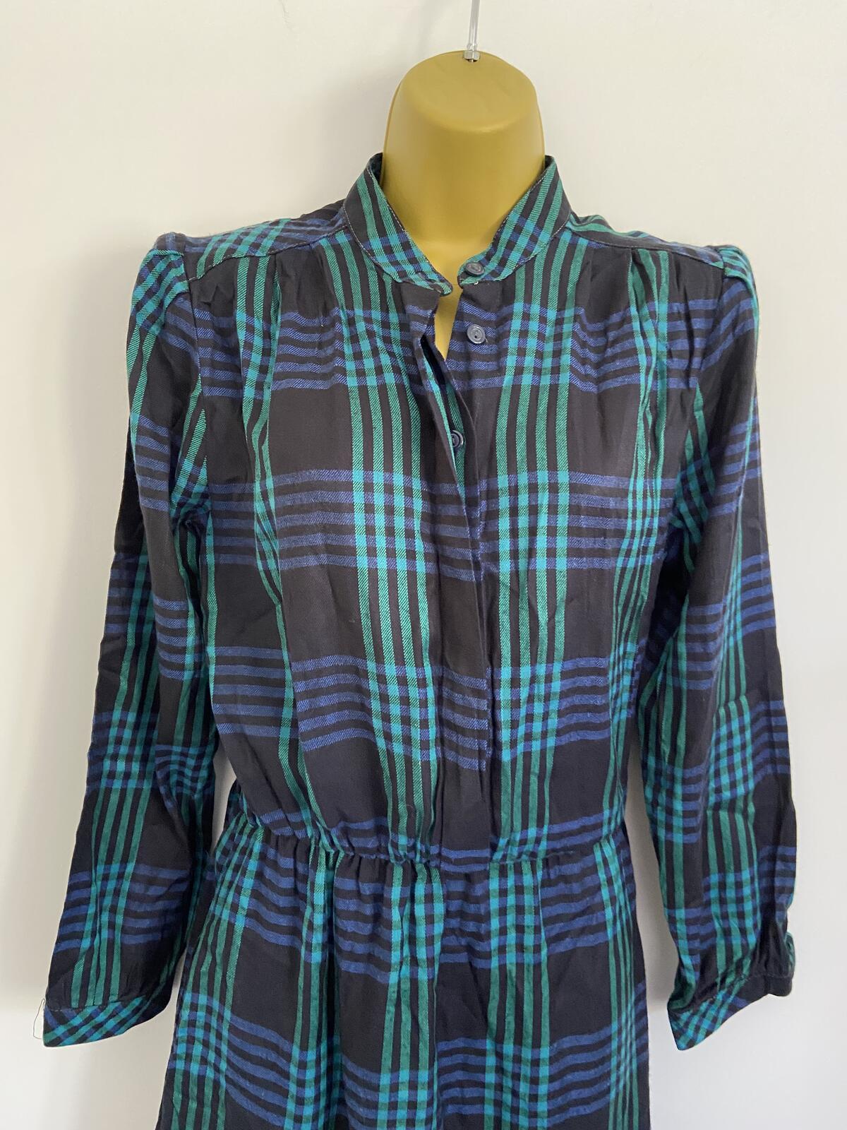 Vintage Style Blue & Green Tartan Check Shirt Dress Size 12