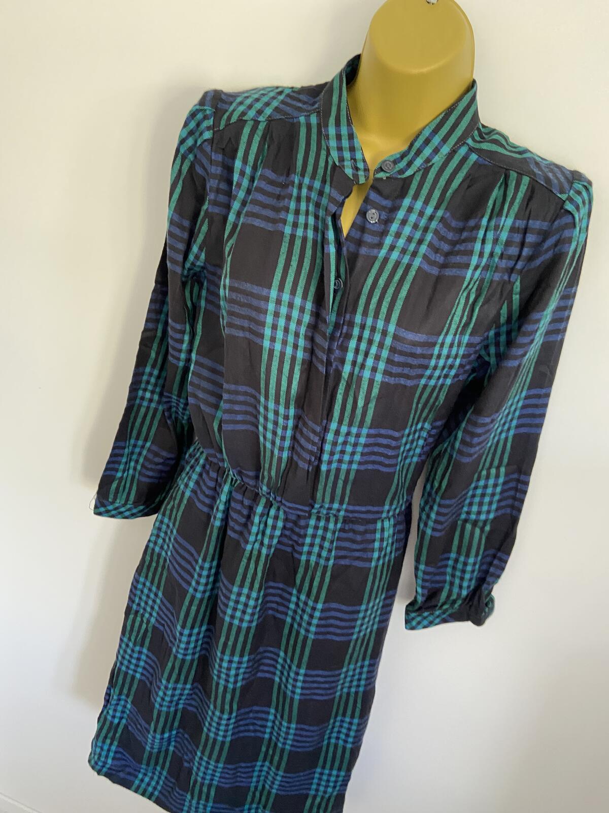 Vintage Style Blue & Green Tartan Check Shirt Dress Size 12